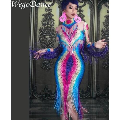 Colorful Rhinestones Fringes Perspective Dress Evening Celebrate Spandex Dresses Tassel Costume Dance Dress