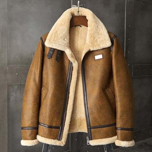 New Shearling Coat Mens B3 Bomber Jacket Brown Leather Jacket Short Fur Coat Mens Winter Coats Natural Sheepskin Coat