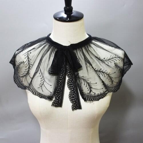 Feather Embroidery Fake Collar Shawl Pleated Sheer Mesh Necklace Half Shirt Cape 066F