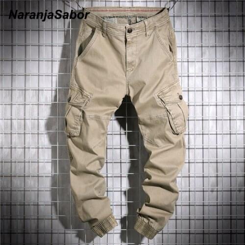 NaranjaSabor 2020 Spring Mens Cotton Pants High Quality Washed Multi Pockets Tooling Style Trousers Male Brand Clothing N644