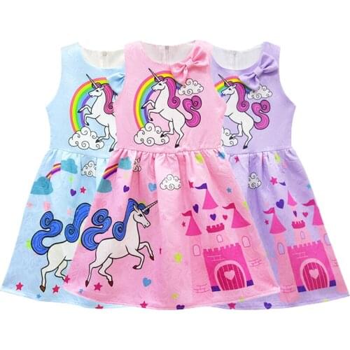 Unicorn Girls Dress Summer Cartoon Rainbow Pony Cute Dresses For Girl Kids Birthday Present Toddler Children Clothing