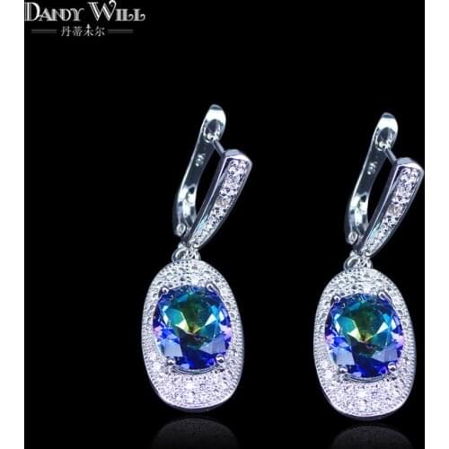 Stunning Silver Color Oval Shape Rainbow Fire Light Blue Crystal Dangle Earring For Women E02032.1