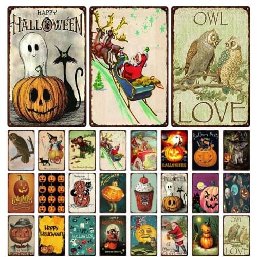 Holiday Celebration Halloween Pumpkin Owl Ghost Face Lamp Tin Sign Decoration Iron Painting Metal Plaque Festival Gift 20*30 Cm