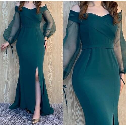 Long Sleeve Satin V-Neck Pink Prom Dresses with Slit Mermaid Robe De Soiree Floor Length Corset Back Formal Party Gown