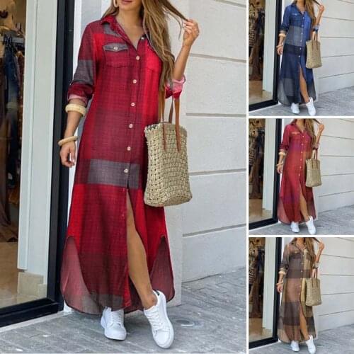 Women Dress Summer Fashion Loose Plaid Maxi Beach Dress Elegant Button Long Sleeve Shirt Dress Split Print Lapel Party Robe