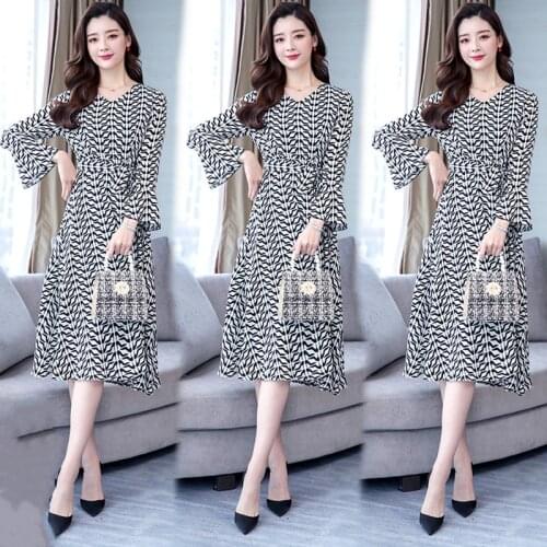 2021 spring new trumpet sleeve printed Robes Femme chiffon dress female mid-length slim vestidos de festa