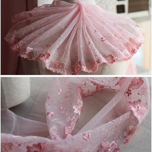Free shipping 2Y/lot 20cm wide Embroidered Floral Tulle Lace Trim~Deep pink ~lovely