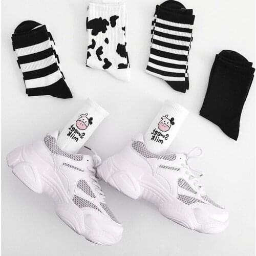 Anewmorn Cotton Striped Womens Socks Lovely Harajuku Cartoon Animal Print Black And White Socks Breathable Casual Calcetines
