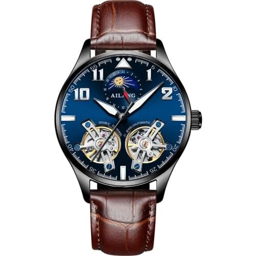 Switzerland AILANG Automatic Mechanical Watch Fashion Double Tourbillon Men Waterproof Vintage Luminous Moon Phase Male Watch