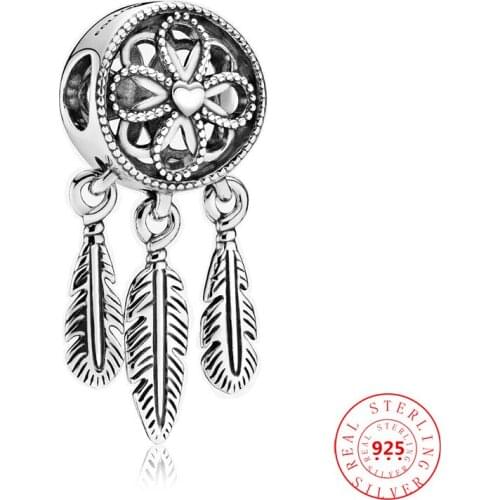 2021 Real 925 Sterling Silver Feather Dreamcatcher Charm Beads Fit Original Pandora Charms Bracelet Women DIY Fine Jewelry Gifts