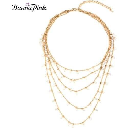 Banny Pink Elegant Imitation Pearls Layer Charms Choker Necklace For Women Gold Color Multi Chain Choker Colar Clavicle Necklace