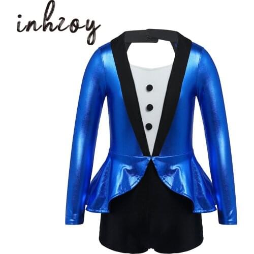 Kids Hip Hop Jazz Dance Costumes Girls Glittering Metallic Open Back Dance Unitard Bodysuit Ballet Gymnastics Leotard Dancewear
