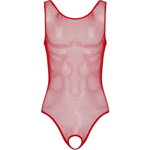 Men Sissy Gay Lingerie Sexy Transparent Fishnet Sleeveless Open Butt Hole Crotchless Erotic Bodysuits Porn Underwear Nightwear