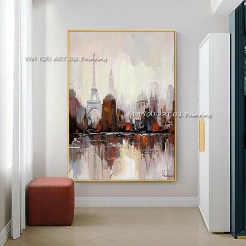 Romantic City Couple Paris Tower Oil Painting on Canvas 100% Handmade Large Size Art Nordic Wall Picture for Living Room