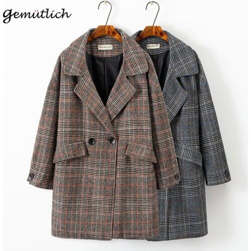GEMUTLICH Women Vintage Plaid Wool Jacket Elegant Autumn Winter Outwear Loose Free Coat Over Size 3XL 5XL