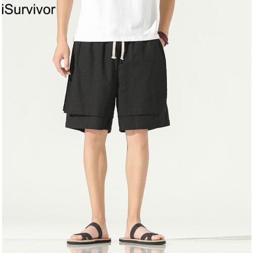ISurvivor 2021 Summer New Mens Fake Two-Piece Straight Casual Pants Mens Chinese Style Cotton And Linen Five-Point Pants