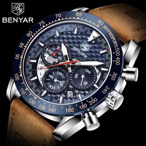 Benyar Top Brand 2021 new mens waterproof leather watch mens luxury quartz watch military sports time code table reloj hombre