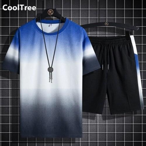 CoolTree Men Sportswear Set Summer Plus Size 6XL 7XL Gradient T-shirt+shorts Two-piece suit Tracksuit Male Fashion Streetwear
