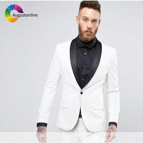 Custom Made White Men Wedding Suits Black Shawl Lapel Elegant Slim Fit Groom Tuxedo Costme Homme Blazer Jacket Pants 2Piece