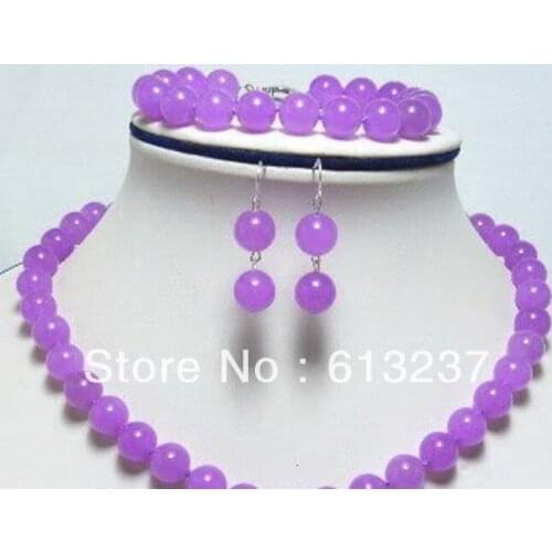 New Fashion DIY genuine 10mm purple jades chalcedony stone chain choker necklace bracelet earring set 18"/7.5" YE00008