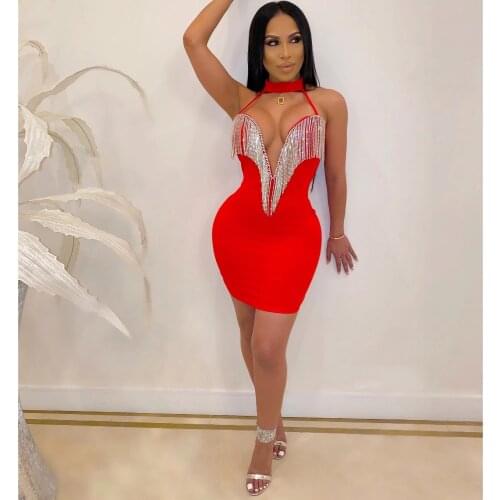 New Bandage Dress 2020 Halter V Neck Crystal Tassels Shiny Mini Bodycon Dress Elegant Red Evening Party Rayon Dress Vintage