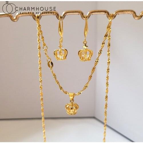 24K Yellow Gold Color Jewelry Set For Women Crown Pendant Necklace Earrings 2pcs Trendy Jewelry Set Accessories Party Gifts