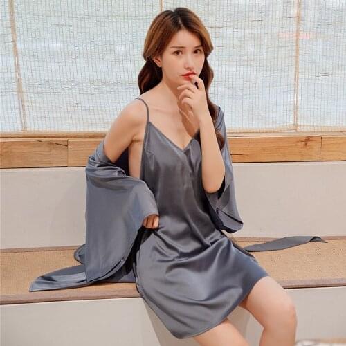 Sexy Sleeping Robes Female Summer Thin Two-Piece Satin Silk Sling Bathrobe Long-Sleeve Sleepwear Women Grey Blue 1921