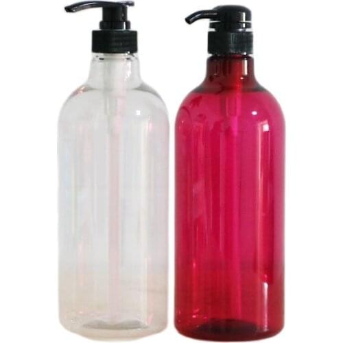 Empty Clear Red Round Plastic PET Bottle Black Lotion Pump Toner Screw Lid Cosmetic Packaging Refillable Container 1000ML 8pcs