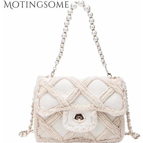 Luxury Women Flap Bag Chic French Style Canvas+Plush Diamounds Lattice Pearl Chain Shoulder Crossbody Fashion Lady Bags 2021 New
