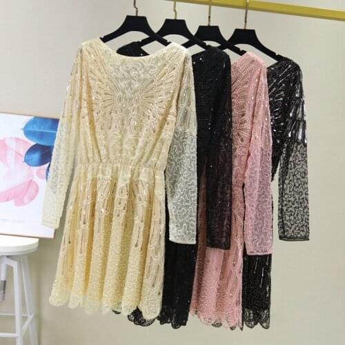 Sexy Black Beige Pink Mesh Elastic Waist A-line V-neck Sequin Long Sleeve Chiffon Party Formal Dress Woman 86125