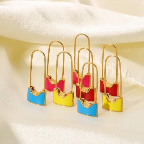 316L Stainless Steel Candy Color Dripping Oil Lock Pendant Drop Earrings For Women Girl Ears Jewelry Accessories