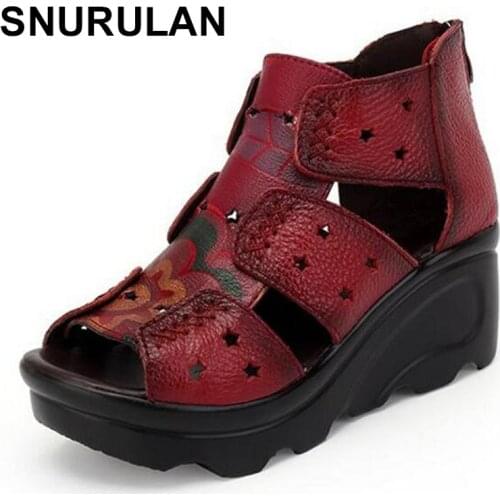 SNURULAN 2020 New Woman Summer Leather Vintage Sandals Zip Casual Women Shoes Retro Flower Woman Wedges Ladies Platform Shoes
