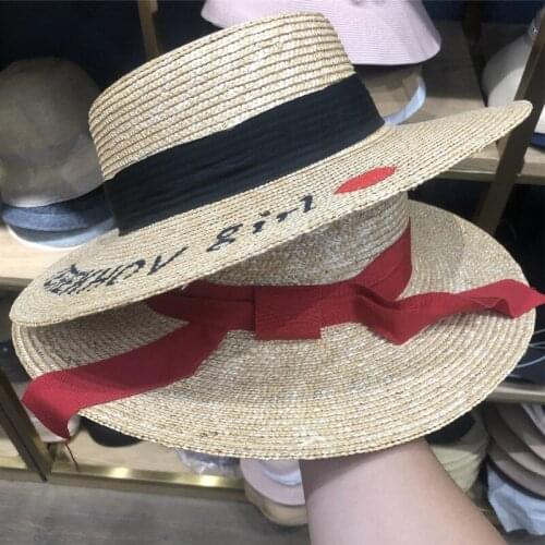 Ladies Handmade Natural Straw Hat Summer Beach Hat for Women Men Panama Cap Fashion Concave Flat Protection Visor Sun Boat Hats