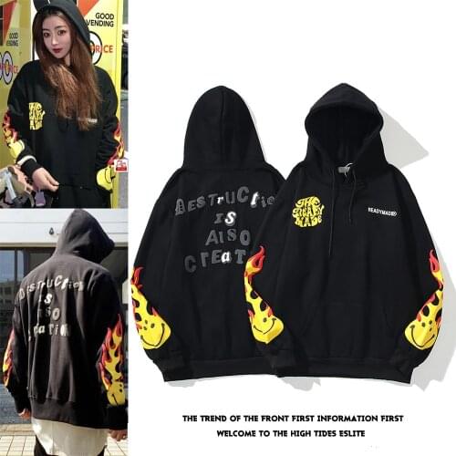 Fashion Hip Hop Streetwear Hoodie Men Women Sweatshirt Print Foaming Smile Flame Casual Loose Hooded Cotton Pullover Lovers Tops