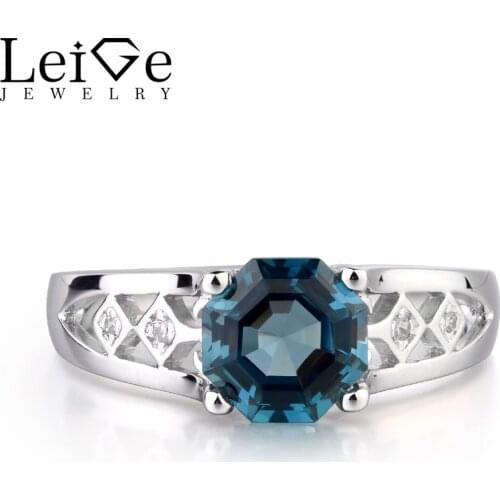 Leige Jewelry Real London Blue Topaz Gemstone November Birthstone 925 Sterling Silver Octagon Cut Engagement Rings For Woman