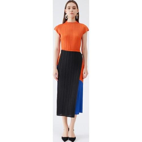 Miyake Pleated 2021 Summer Hit Atchwork Color Long Skirt High Waist One Button Skirt women clothes