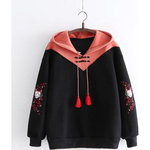 Chinese Style Fox Embroidery Womens Thicken Hoodies Pullovers Long Hooded Tassels Trim Black Red Patchwork Tops Fall Winter