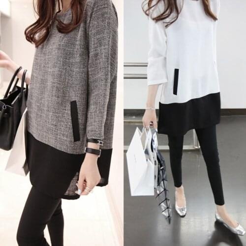 Women Blouses 2015 Autumn Winter Long Sleeve O-Neck Patchwork Loose Casual Women Shirts Plus Size Fashionable Long Shirts