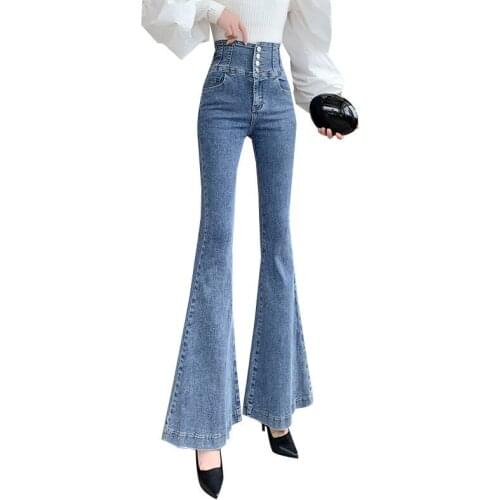 Women 2021 Autumn Winter Fashion High Waisted Jeans Female New Long Stretch Denim Trousers Ladies Slim Flare Pants P106