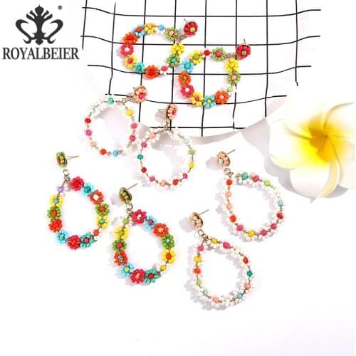 Royalbeier Women Summer Handmade Bead Big Circle Drop Earrings Vintage Bohemian Colorful Flower Dangle Earring Fashion Jewlery