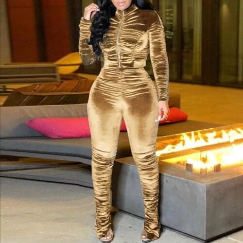 Women Solid Velvet Pleats Zipper Design Long Sleeve Coat & Pants Set