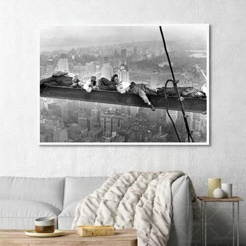 Black and White Vintage Canvas Painting Modern Home Decoration New York City View Lunch On a Skyscraper Wall Art Picture Poster