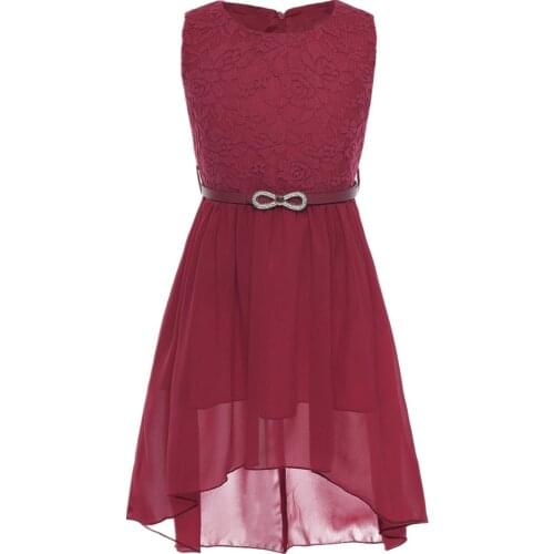 Kids Girls Party Dresses Casual Wear Chiffon Lace Floral Sleeveless Flower Girl Dress Princess Wedding Birthday Dress with Belt