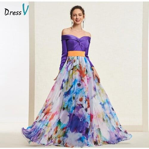 Dressv elegant indigo long prom dress off the shoulder simple a-line print evening party gown prom dresses customize