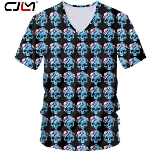 UJWI New 3D Black Skull Man V Neck Tshirt Printed Scary Brain Pattern Mens Hip Hop T-shirt Paved Unisex Tee Shirt Oversize