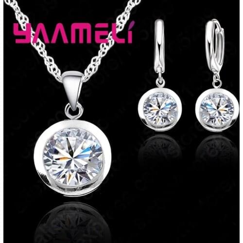 New Wedding Fine Women Jewelry Sets Real Pure 925 Sterling Silver Round Cubic Zircon CZ Pendant Necklaces Hoop Earrings