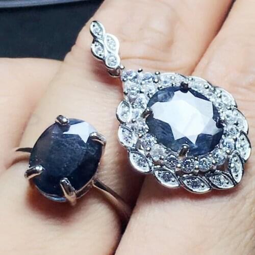 Sapphire jewelry set Free shipping Real natural sapphires Free shipping 1pc ring 1pc pendant 3.2ct*1pc,3.8ct*1pc gems #XY1871101