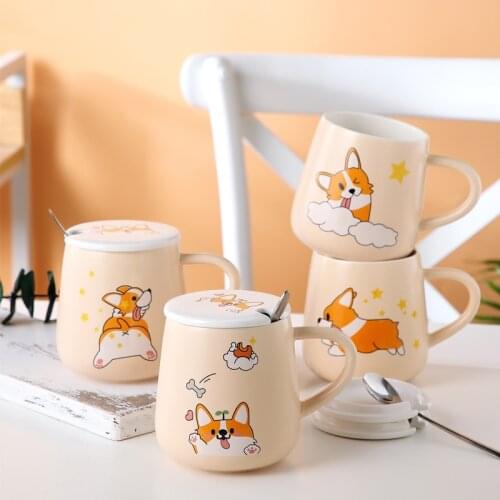 FSILE 440ml Puppy Creative Couple Coffee Cute Explosion Cartoon Gift Custom Mark Ceramic Water Cup with Lid and Spoon