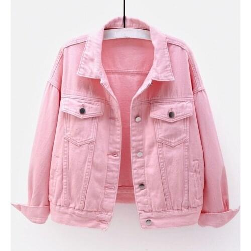 2021 Pink Denim Jackets Korean Short Style Bf Jeans Coat Single Breasted Long Sleeve Outerwear Spring Autumn Solid Denim Jacket