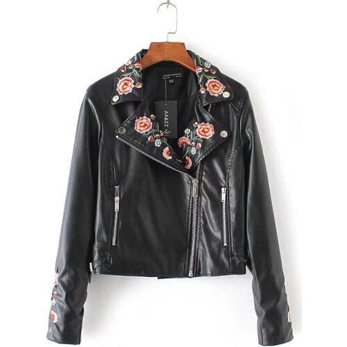Faux Leather Jacket Women Motorcycle Jacket 2017 Spring Autumn Flowers Embroidery Outerwear Coats Short Zipper Basic Jackets 666